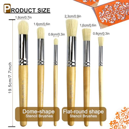 Stencil Brush Set, 6Pcs Natural Hog Bristle Stencil Brushes for Painting