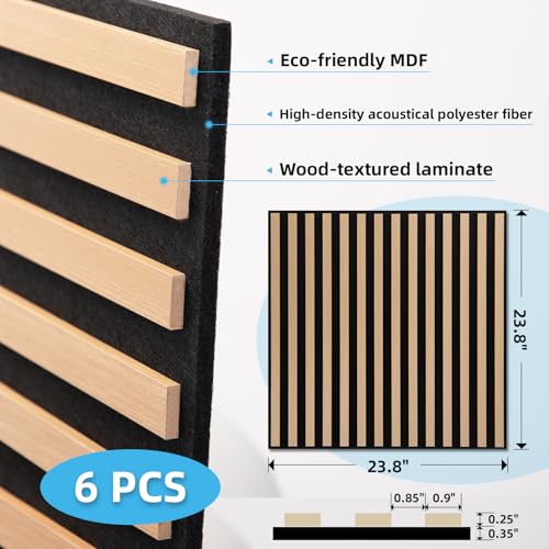 Art3d 6-Pack Acoustic Wood Slat Panel & Ceiling Tile, 2 x 2 ft, Natural Oak - color: Natural Oak, size: 24 x 24 inch