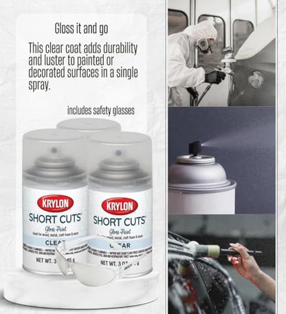 3x Krylon Short Cuts Gloss Clear Coat Spray Paint for Plastic & More 3 Oz Bundle With Safety Glasses – Fast-Drying Indoor Enamel For Crafts, Wood, and Metal – Inverted Spray – Gift Set (4 Items)
