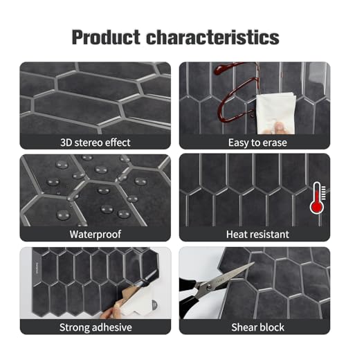 Alwayspon 10 Sheets 12" x12inch Black 3D Vinyl Backsplash Tiles, Self-Adhesive Peel and Stick Wall Tile Stickers Stick on Subway Tiles for Kitchen Bathroom Wall - color: Black