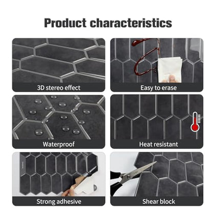 Alwayspon 10 Sheets 12" x12inch Black 3D Vinyl Backsplash Tiles, Self-Adhesive Peel and Stick Wall Tile Stickers Stick on Subway Tiles for Kitchen Bathroom Wall - color: Black