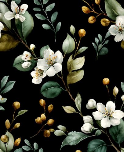 Black Green Dark Moody Floral Peel and Stick Wallpaper 17.5" x 393" - color: Black/Green/White, size: 17.5" x 393"