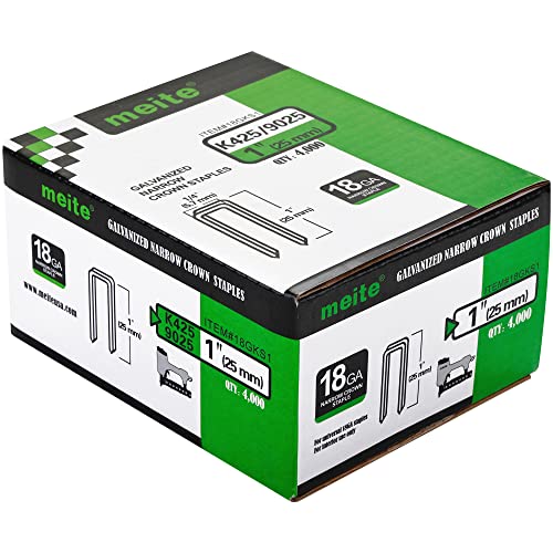 meite 18 Gauge 1/4-Inch Narrow Crown Staples 1-Inch Length Heavy Duty Galvanized Upholstery Staples for Electric or Pneumatic Narrow Crown Stapler Guns (4,000 PCS) - size: 1" Length, style: 1 Box