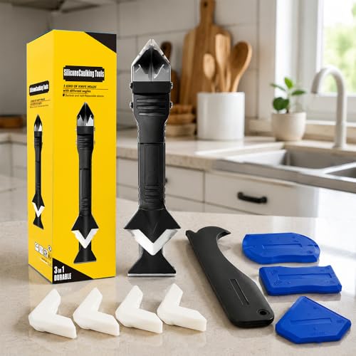 9 Pieces Silicone Caulking Tool Kit with 5 Silicone Tips Scrapers, Grout Removal Scraper Set, Sealant Finishing Tool with Multi Angle Scrapers, Residue Remover Tools for Kitchen Bathroom Window Sink