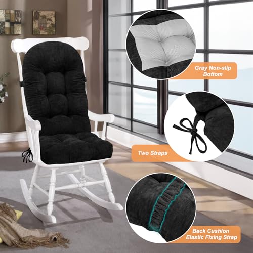 Rocking Chair Cushion - Chenille Fabric, High-Density Sponge, Durable Comfort Non-Slip Bottom Tufted Seat Pads with Ties, Chenille︱Black, 44x19x4 inch - color: Chenille I Black