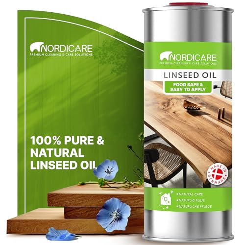 Nordicare Linseed Oil for Wood - 100% Pure & Natural Linseed Oil for Entire Indoor Area - Food-Safe Raw - Furniture - Underlines the Original Wood Structure - Made in Denmark (34oz) - size: 1 l