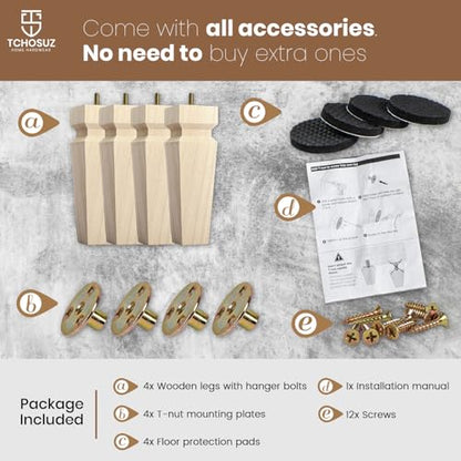 6 inch / 15cm Wooden Furniture Legs, Pack of 4 Unfinished Wood Square Mid Century Replacement Feet with 5/16" Hardware for Sofa Table Couch Cabinet Chair Bench Ottoman - color: Varnish, size: 6"/15cm