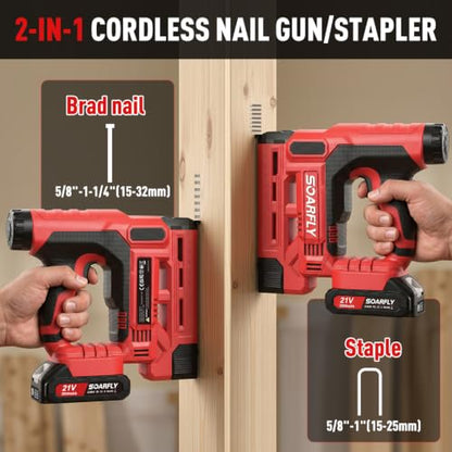 Nail Gun Battery Powered, 18 Gauge 2-in-1 Cordless Brad Nailer Stapler (Includes 2 × 2.0Ah Battery), Charger, 1500 Staples and Nails, Electric Staple Gun for Carpentry and Upholstery