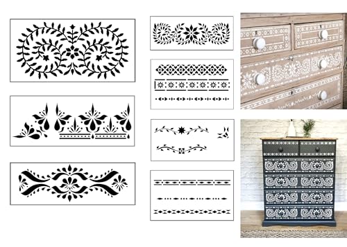 Inlay Border Stencil Set – Pack of 7 Reusable Boho Indian Pattern Stencils for Wood, Wall, Fabric, and Furniture Painting