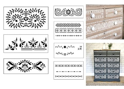 Inlay Border Stencil Set – Pack of 7 Reusable Boho Indian Pattern Stencils for Wood, Wall, Fabric, and Furniture Painting