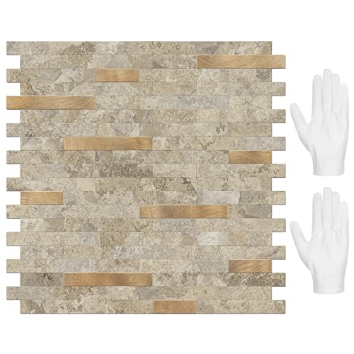 STICKGOO Peel and Stick Backsplash Tile, Stick on Backsplash for Kitchen and Bathroom, Stone Beige Marble Look PVC Mixed Metal Gold Self Adhesive Wall Tiles(10 Sheets) - color: Stone Beige with Metal Gold