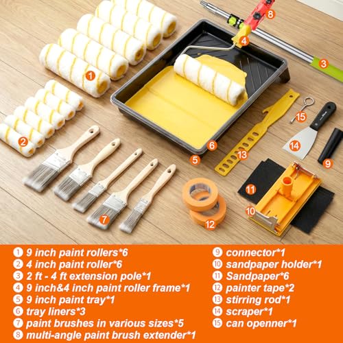 37PCS Paint Roller Kit with Thickened Extension Pole 2 to 4 FT, Plus
