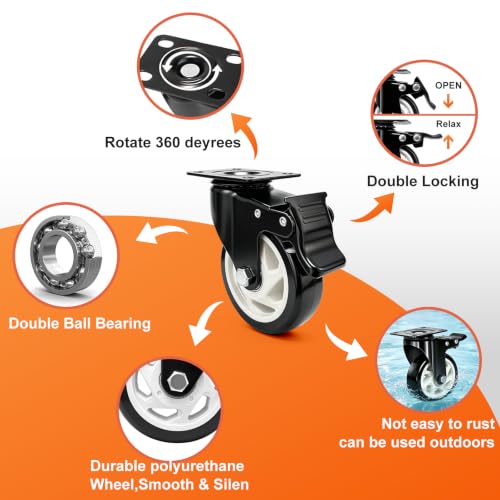 4 Inch Heavy Duty Black Caster Wheel Set of 4,Dual Brake, Silence - color: black, size: 4 inches