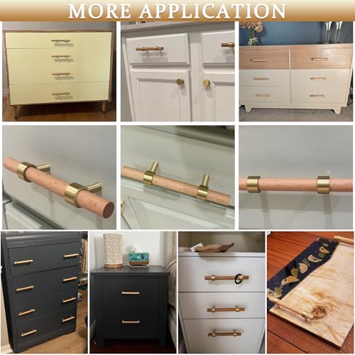 Adjustable Drawer Pulls Natural Wood and Brass Cabinet Handles for Kitchen Cupboard Closet,4Set Boho Wood and Gold Dresser Knob Unfinished DIY Brushed Brass Base 3~5 Inch - size: 3Inch~5 Inch