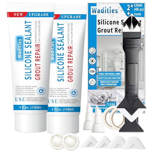 8Oz Clear Waterproof Caulk & Seal Silicone Sealant, Wadities Tile Grout Repair Kit with Grout Remove Scraper, Shrink & Crack Proof for Bathroom, Shower, Kitchen, Floor (4Oz, Pack of 2) - color: Clear 8oz