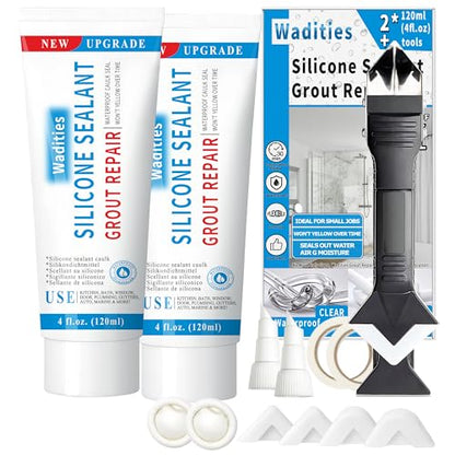 8Oz Clear Waterproof Caulk & Seal Silicone Sealant, Wadities Tile Grout Repair Kit with Grout Remove Scraper, Shrink & Crack Proof for Bathroom, Shower, Kitchen, Floor (4Oz, Pack of 2) - color: Clear 8oz