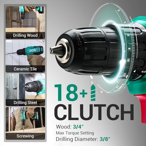 DCA Cordless Drill Set, 354 in-lbs Torque, 3/8" Keyless Chuck, Electric Power Drill with 2.0Ah Battery and Charger,18+1 Position,25-Piece 20V Drill Driver Kit, ADJZ2035 - size: 1*Battery