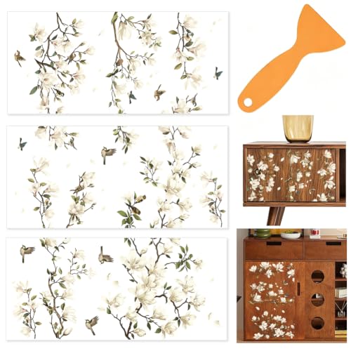 3 Sheets Magnolia Flower Rub on Transfers for Furniture Craft Decor 6 x 12 Inch Furniture Transfers Decals PVC Waterproof Decorative Stickers for Drawer Glass Wood Plastic Home Decoration - color: Magnolia