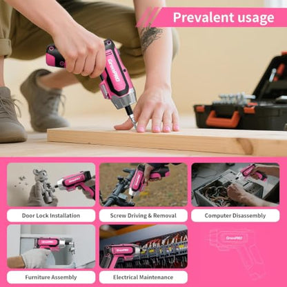 GRENPRO 4V Cordless Electric Screwdriver Set, 29-Piece, Pink - color: Pink