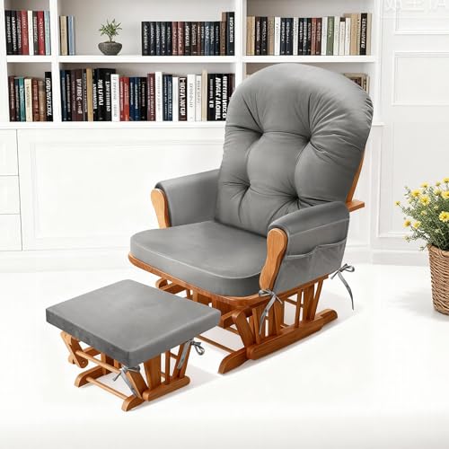 JZHLLA Glider Rocker Replacement Cushion Set with Storage Pockets Soft Flannel Fabric & High-Resilience Foam Non-Slip Back Rocking Chair Cushion for Living Room Rocking Chair(Grey) - color: Grey
