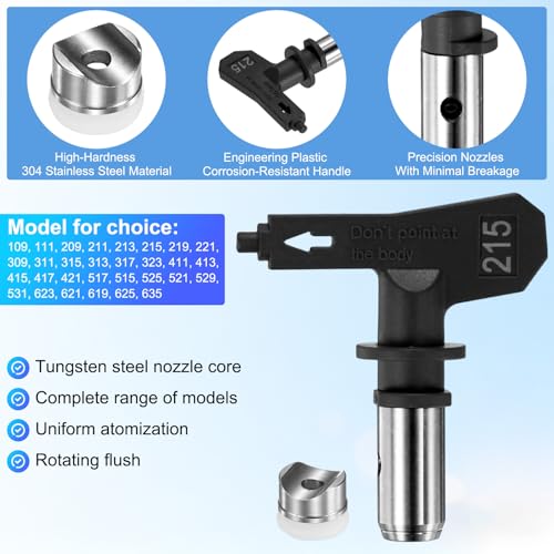 M METERXITY 1-Set Airless Paint Sprayer Tips, Tungsten Steel Reversible Spray Tips with 1 Pad for Homes/Buildings/Garden/Decks/Fences [Black, 215] - size: 215