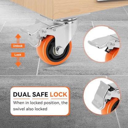 WBD WEIBIDA 3 Inch Swivel Caster Wheels with Brake, Safety Dual Locking Casters Set of 4 Heavy Duty of 1000lbs, Premium Polyurethane Wheels for Furniture and Workbench((Screws and Spanner) - size: 3 INCH