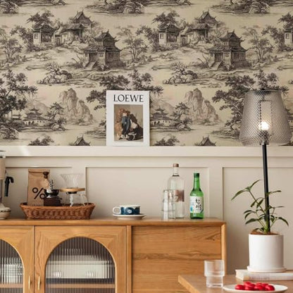 Chinoiserie Landscape Peel and Stick Wallpaper, Vintage Chinese Ink Pattern - size: 17.7" x 236"