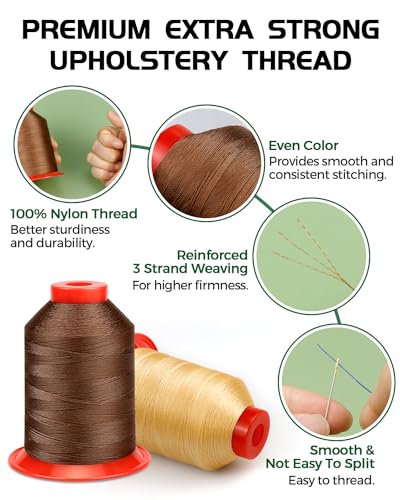 FIVEIZERO Extra Strong Upholstery Thread,1000m Bonded Nylon Thread, Brown - color: Brown