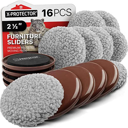 Furniture Sliders X-PROTECTOR - 8+8 Pack 2 1/2” for Carpet & Hard Floors - size: 8+8 Pack 2 1/2 in (Grey)
