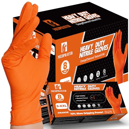 Industrial Nitrile Gloves – Heavy Duty Latex & Powder Free Disposable Gloves with Diamond Texture - color: Orange, size: Small (Pack of 300)