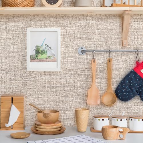 Khaki Grasscloth Peel and Stick Wallpaper 17.3"x1200" Faux Linen Textured Contact Paper Removable Self Adhesive Vinyl Wallpaper for Bedroom Bathroom Kitchen Cabinets - color: Khaki, size: 17.3" x 1200"
