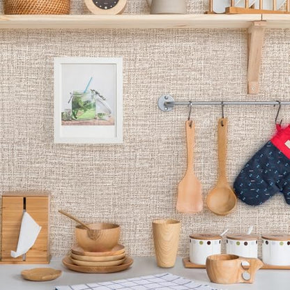 Khaki Grasscloth Peel and Stick Wallpaper 17.3"x1200" Faux Linen Textured Contact Paper Removable Self Adhesive Vinyl Wallpaper for Bedroom Bathroom Kitchen Cabinets - color: Khaki, size: 17.3" x 1200"