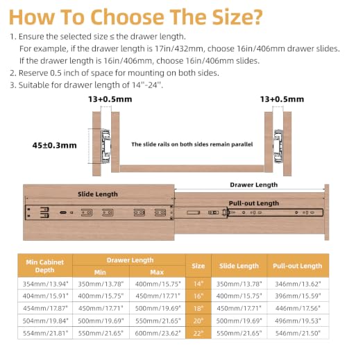 1 Pair 18 Inch Full Extension 3-Fold Adjustable Drawer Slides Soft Close - size: 18 Inch