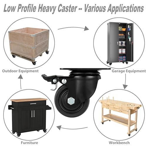 Finnhomy 3 Inch Caster Wheels Set of 4 Heavy Duty Low Profile Plate Swivel Casters with Brake Premium Solid Nylon Wheels 4,400 Lb Anti-wear Lockable Furniture Caster Sturdy for Toolbox Workbench Black - size: 3" (with Brake)