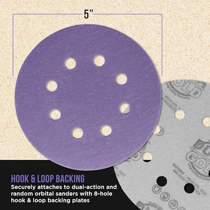 Dura-Gold 180 Grit 5" Purple Film Ceramic Sanding Discs, Box of 50, 8-Hole - style: 180 Grit