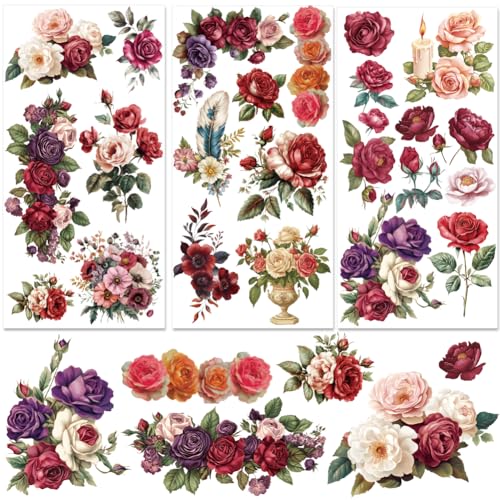 3 Sheets Red Rose Rub on Transfers for Crafts and Furniture Vivid Rose Vintage Floral Transfers Sticker for Wood Furniture Journal Scrapbooking Home Decor 5.9x11.8 inch - style: Style 2- Watercolor Painting with Flowers Patterns