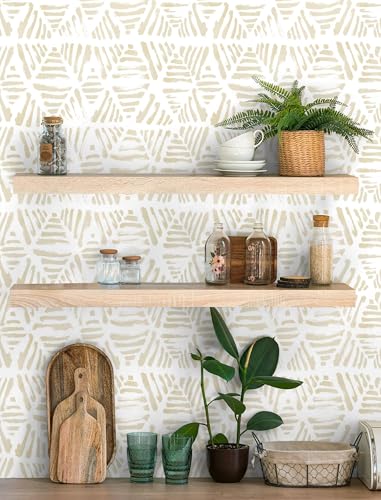 Peel and Stick Wallpaper Boho Wallpaper Geometric Beige and White Contact Paper Modern Striped Self-Adhesive Removable Wall Paper for Bedroom Cabinets Drawers Vinyl Roll 17.3" x 78.7" - color: Beige && White, size: 17.3" x 78.7"