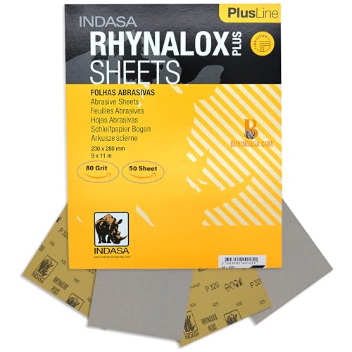 Indasa 50 PCS 9x11 Sandpaper Rhynalox Plusline - 80 Grit Dry Sanding Sheets, Professional-Grade Abrasive for Wood, Metal, Automotive, and Paint Finishing - Durable, Clog-Resistant Sand Paper - size: 80 GRIT 9x11" Rhynalox