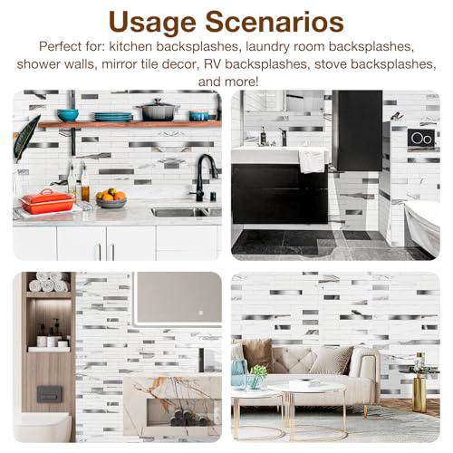 Peel and Stick Backsplash Tile Waterproof Removable PVC Wall Sticker 3D Faux Stone Marble Brick White Accent Panels (Rough White Marble - Metal Silver, 40 Tiles - 18 sq. ft. (1.68 m²)) - color: Rough White Marble - Metal Silver, size: 40 Tiles - 18 sq. ft