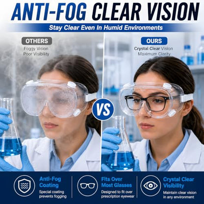 Safety Goggles Over Glasses, Anti Fog Protective Eyewear for Chemistry Lab, Woodworking, Mowing, Construction - color: 2 Pack