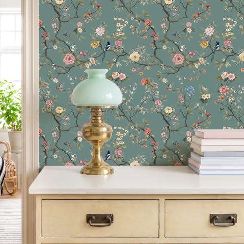 CHIHUT Bird Floral Wallpaper Peel and Stick Chinoiserie Contact Paper - color: Dusty Teal Blue, size: 17.7" x 236"