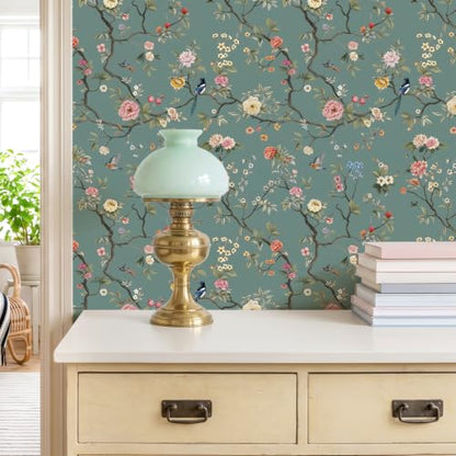 CHIHUT Bird Floral Wallpaper Peel and Stick Chinoiserie Contact Paper - color: Dusty Teal Blue, size: 17.7" x 236"