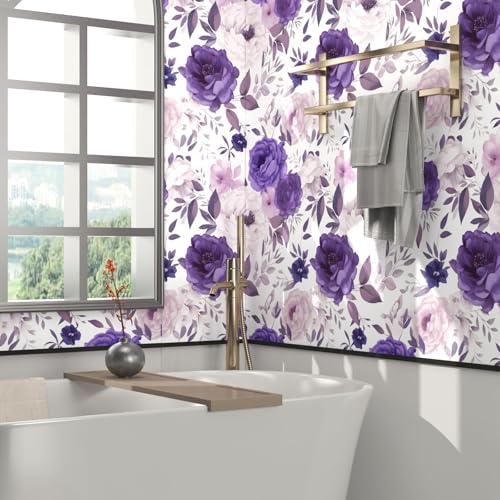 BOKEBEVE Boho Floral Wallpaper Peel and Stick White Purple 17.5 x 393.5In - color: White/Purple, size: 17.5" x 393.5"