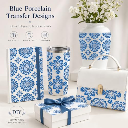 WANDIC 3 Sheets Rub On Transfer Stickers, Blue and White Porcelain Damask Decals Waterproof Stickers for Albums Furniture,15 * 30cm - color: Blue and White Porcelain Pattern