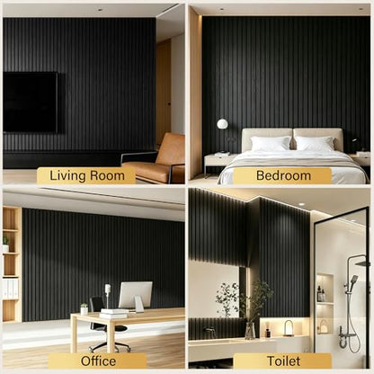 KASARO 5 Pieces Faux Wood Slat Wall Panel, Peel and Stick EVA Decor, Black - color: Black