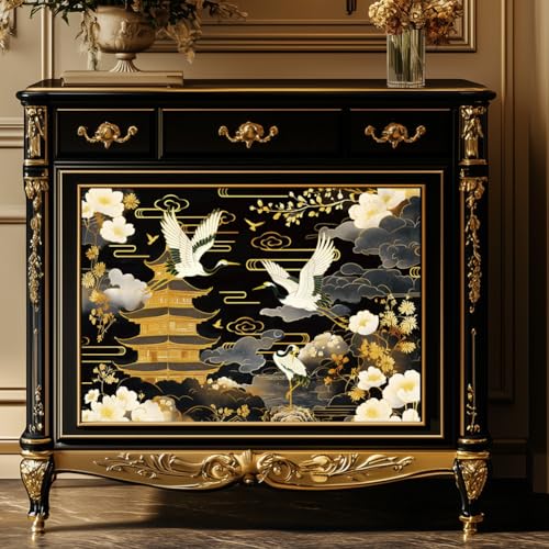 Peacoblue Crane Rub On Transfers for Furniture Craft 6"x12" - style: Crane on Black Background