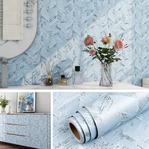 Livelynine 15.8x394 Blue Fabric Peel and Stick Wallpaper for Bathroom Waterproof Sticky Bedroom Wallpaper Accent Wall Covering Self Adhesive Linen Decorative Contact Paper for Cabinets Furniture Wrap - size: 15.8" x 394"