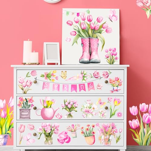 Dispowreath 16 Sheets Pink Tulip Spring Rub on Transfers for Crafts 6x6 Inch Flower Rub on Transfers Stickers Spring Stickers Decals for Home Paper Wood DIY Furniture - style: Tulip