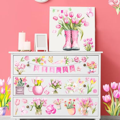 Dispowreath 16 Sheets Pink Tulip Spring Rub on Transfers for Crafts 6x6 Inch Flower Rub on Transfers Stickers Spring Stickers Decals for Home Paper Wood DIY Furniture - style: Tulip