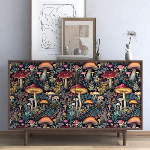 BOKEBEVE Mushoroom Wallpaper Peel and Stick Boho Black Red 17.5 x118In - color: Black/Red, size: 17.5" x 118"